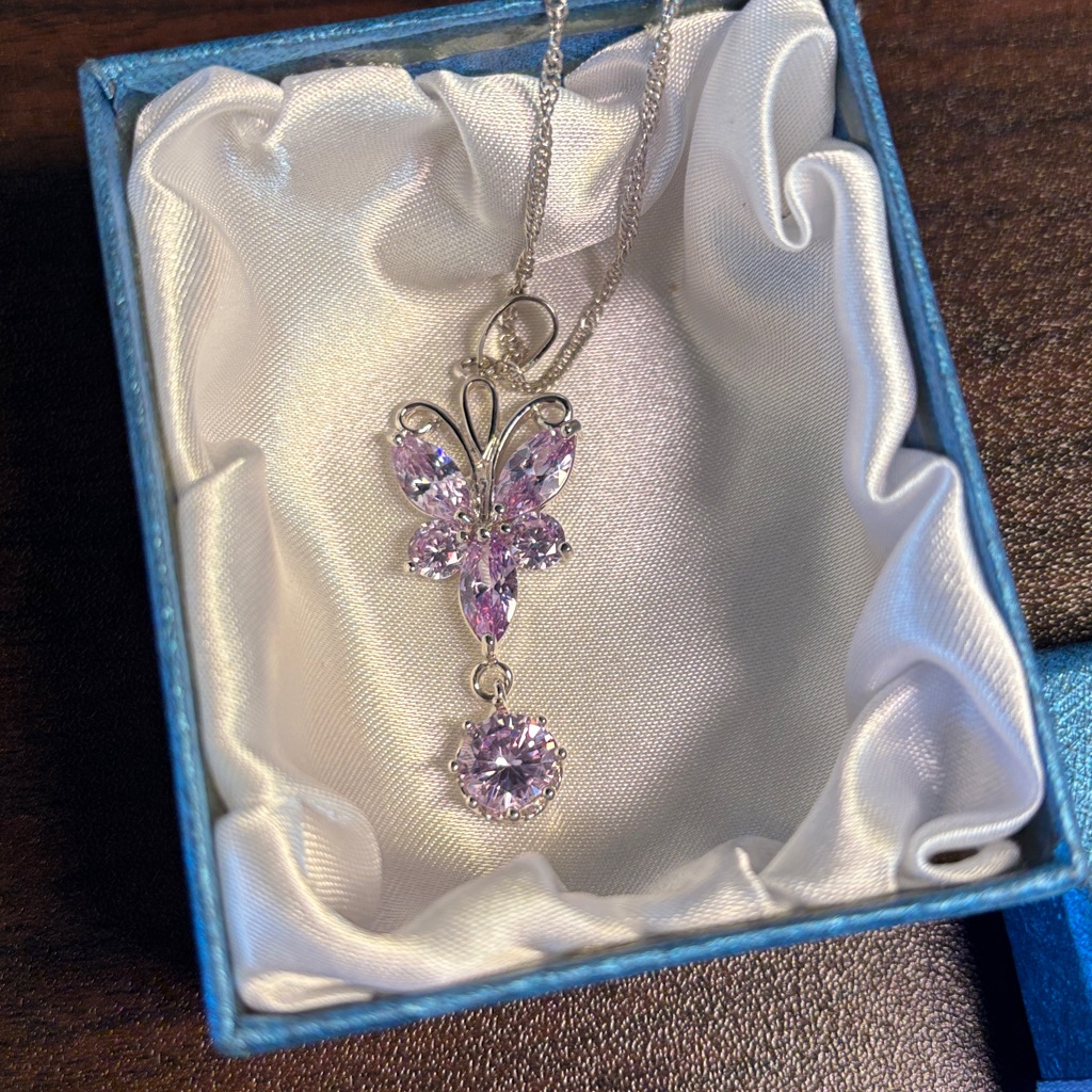 Nib 18k Gold Plated Purple Marquise Stone 2” Butterfly Pendant On 18” Twists